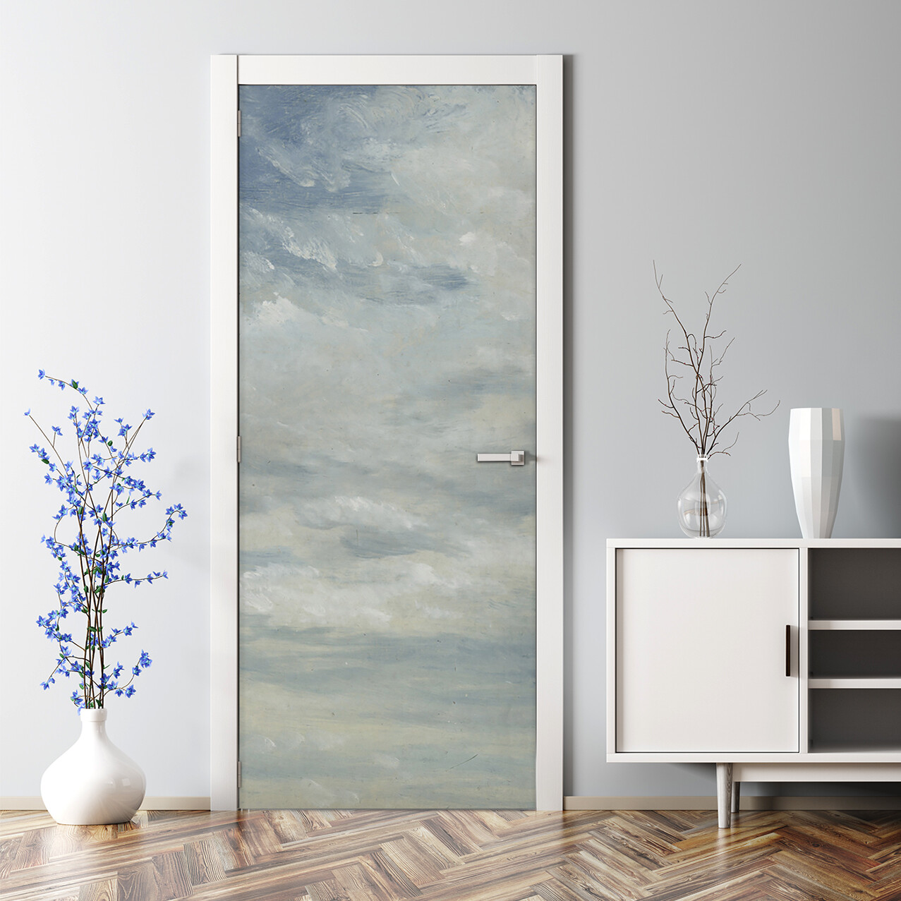 Light Blue Clouded Decal Sky Vintage art Bubble Free Door sticker paintings
