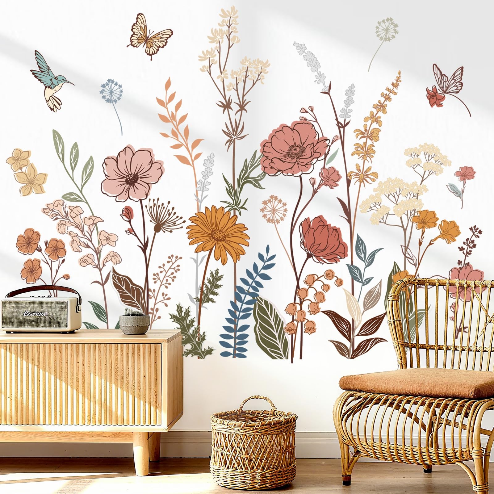 Boho Flower Wall Stickers – Floral Grass Peel and Stick Decals for Nursery