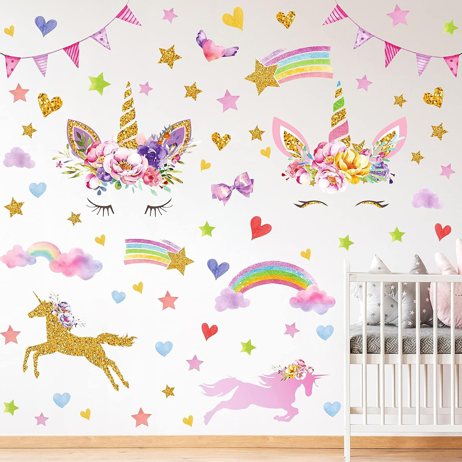 4 Sheets Unicorn Wall Decals Peel and Stick Watercolor Wall Stickers Heart Star