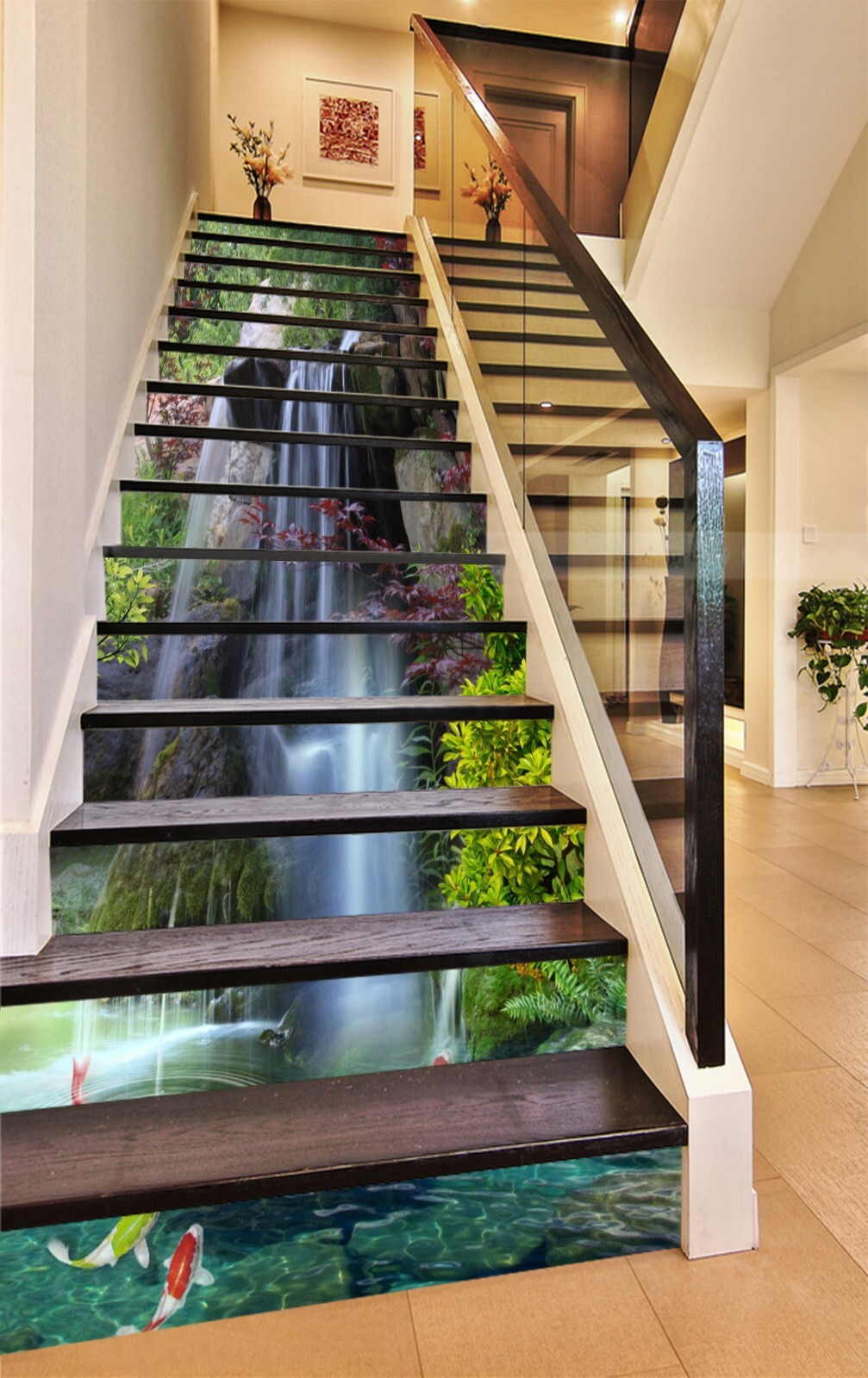 3D Waterfall Goldfish AZ968 Stair Risers Decoration Mural Vinyl Wallpaper Kay