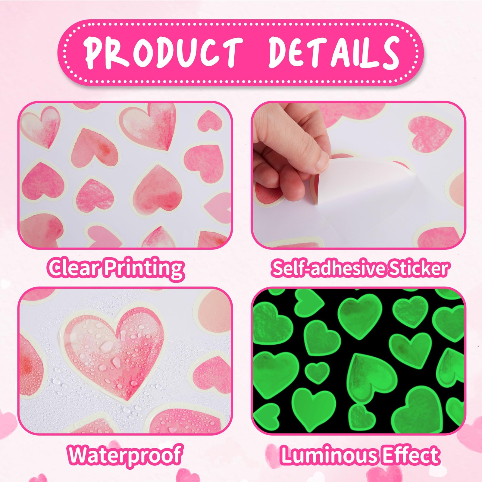 42 pcs Pink Heart Shape Wall Stickers for Girls Bedroom，Glow in The Dark Kids…