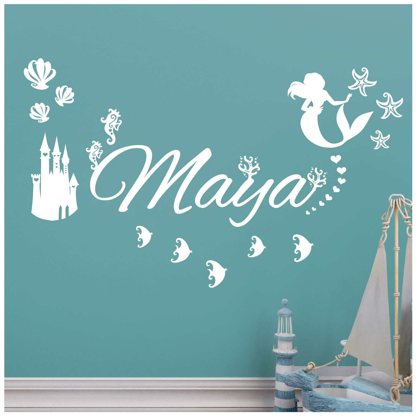Personalised Name Children Wall Art Sticker – Disney Little Mermaid, Ocean, C…