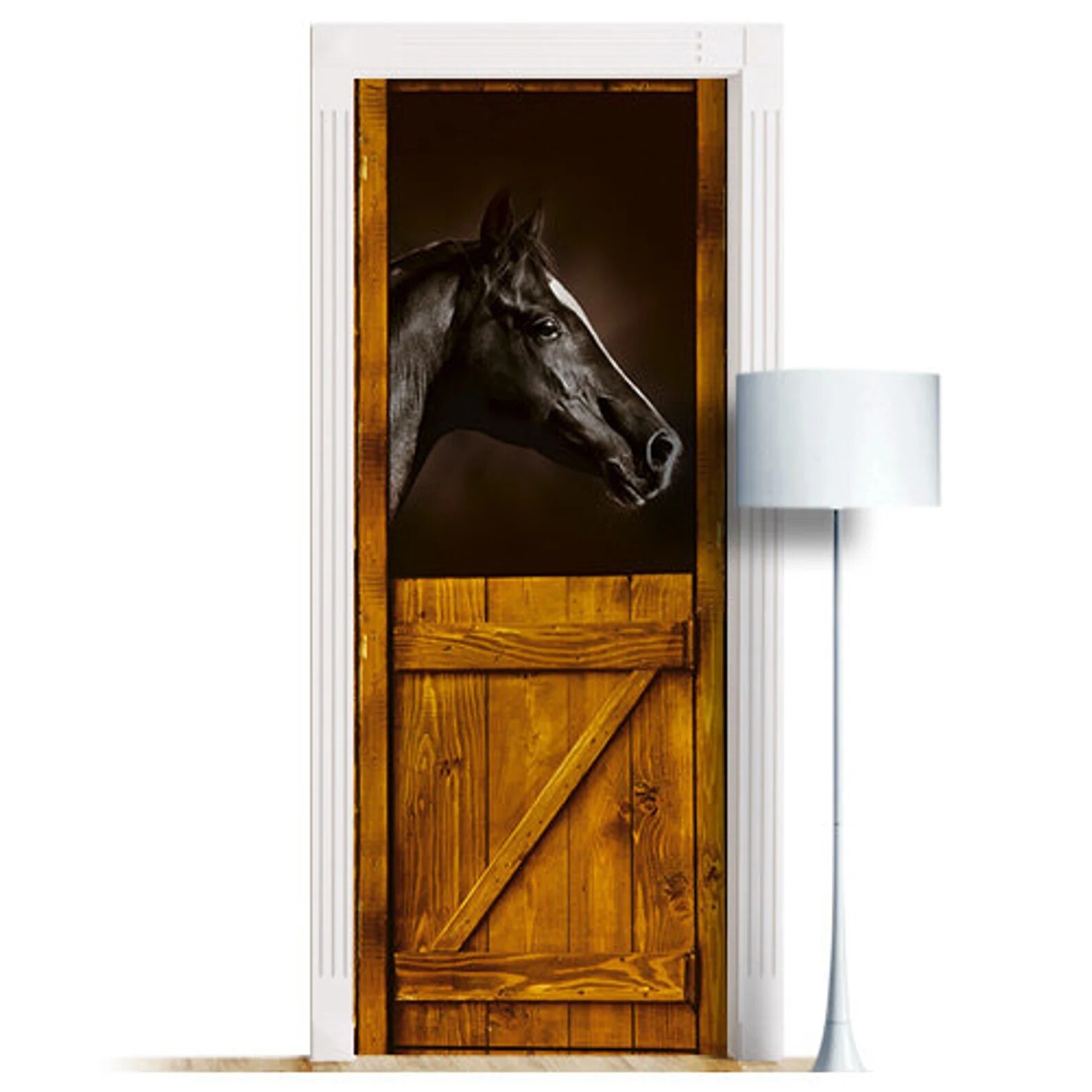 Black Horse In Stall Door Decal, Peel'n'Stick, Sticker, Cover, Mural. Laminated