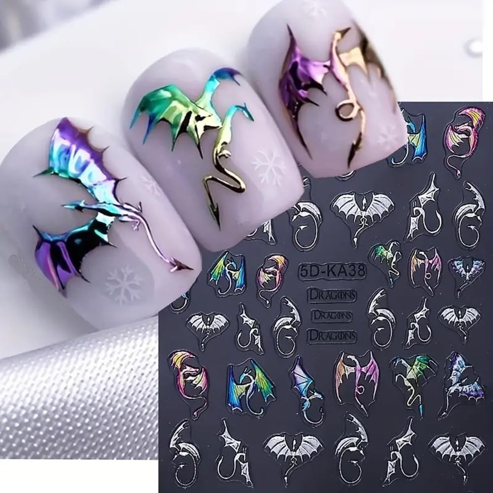 2 Sheets 5D Embossed Nail Art Stickers, Silvery Colored Bat Flying Dragon Q2