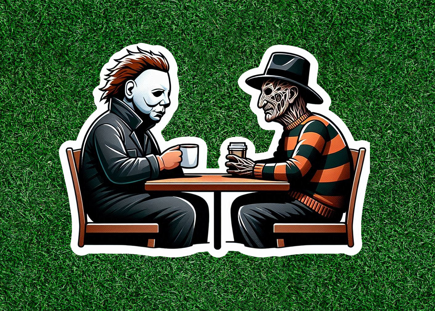Michael Myers and Freddy Krueger having coffee waterproof sticker -several sizes
