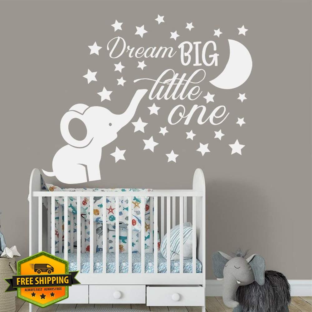 Dream Big Elephant Moon Stars Wall Decals Baby Girl Room