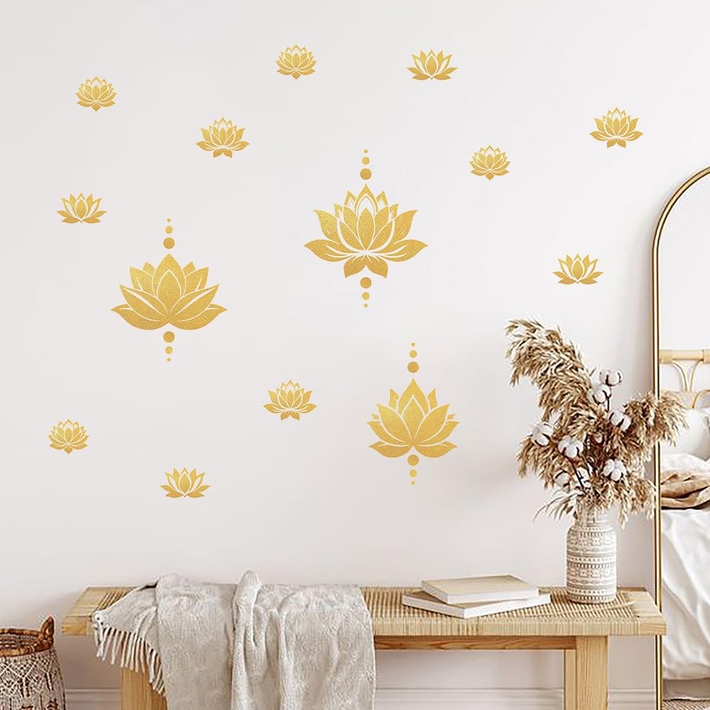2 Sheets Lotus Flower Wall Decals DIY Gold Dot Removable Vinyl Stickers for Y…