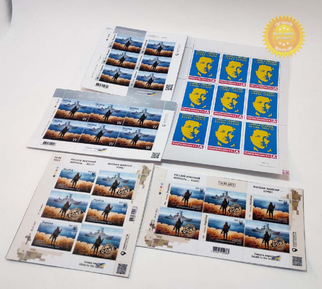 Lot of 5 stickers Russian warship go F *** yourself, stamps Ukraine War Zelensky