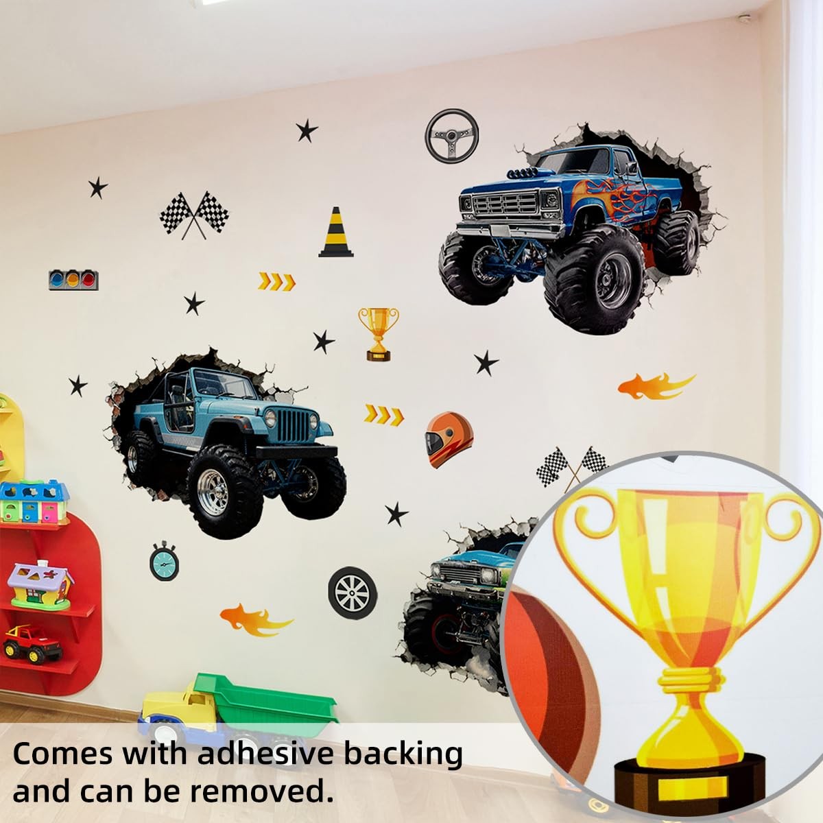3D Monster Truck Wall Decal Trucks Break Through Wall Sticker Self Adhesive W…
