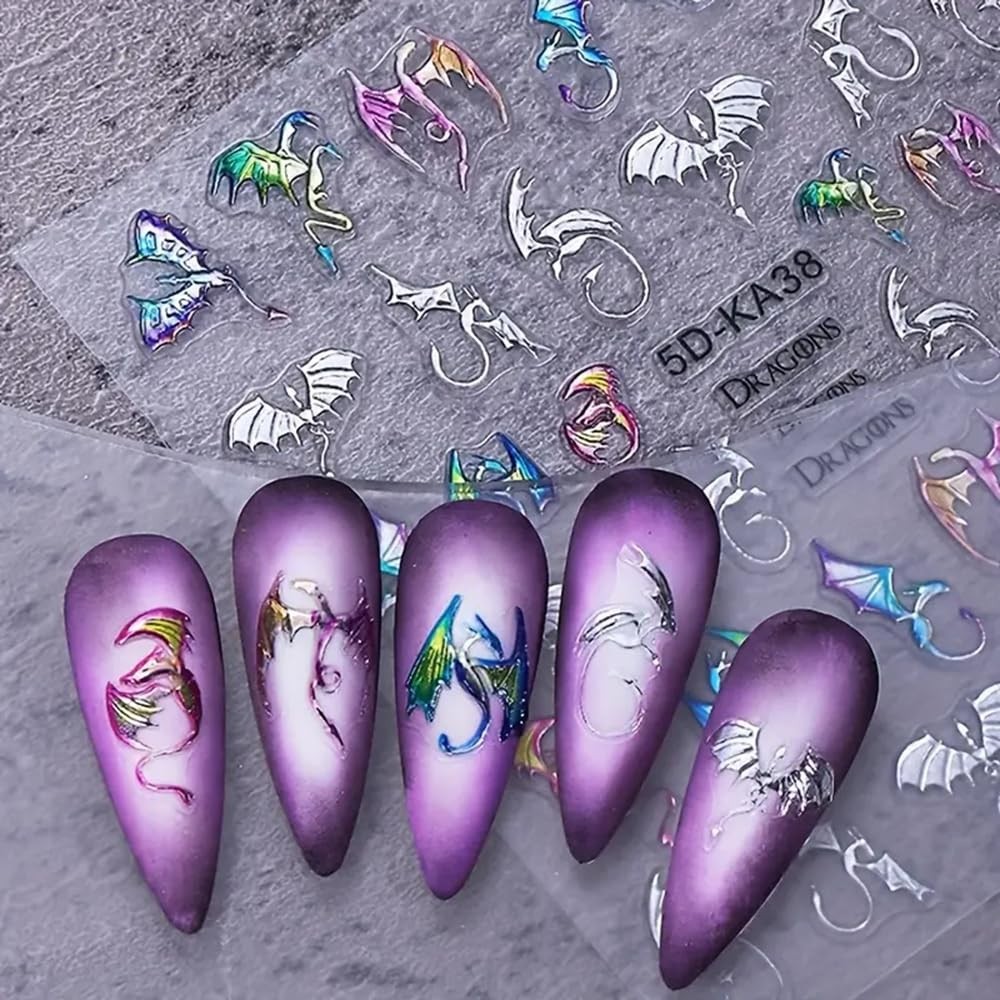 2 Sheets 5D Embossed Nail Art Stickers, Silvery Colored Bat Flying Dragon Q2