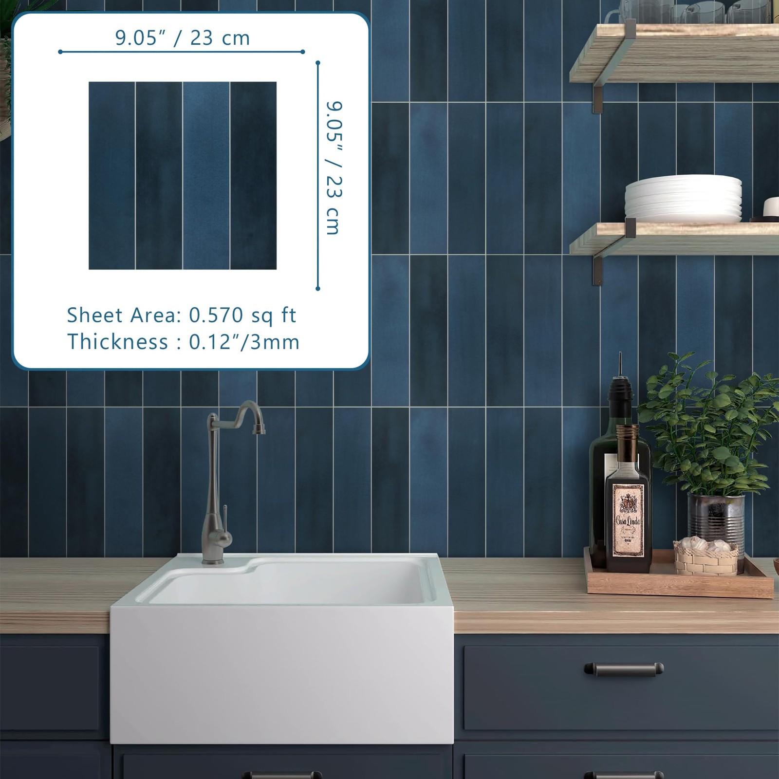 16-Peel and Stick Backsplash Tile, 9" x 9" Stacked 3D Handmade Looks Square A…