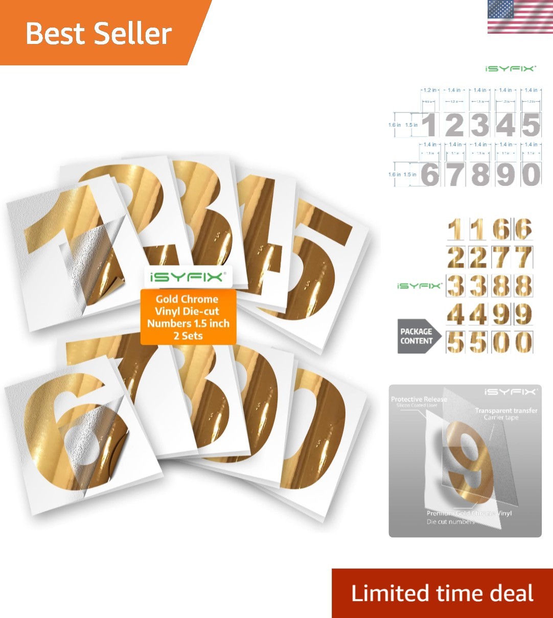 Self-Adhesive Gold Chrome Number Stickers – 20-Piece Set for Home or Business