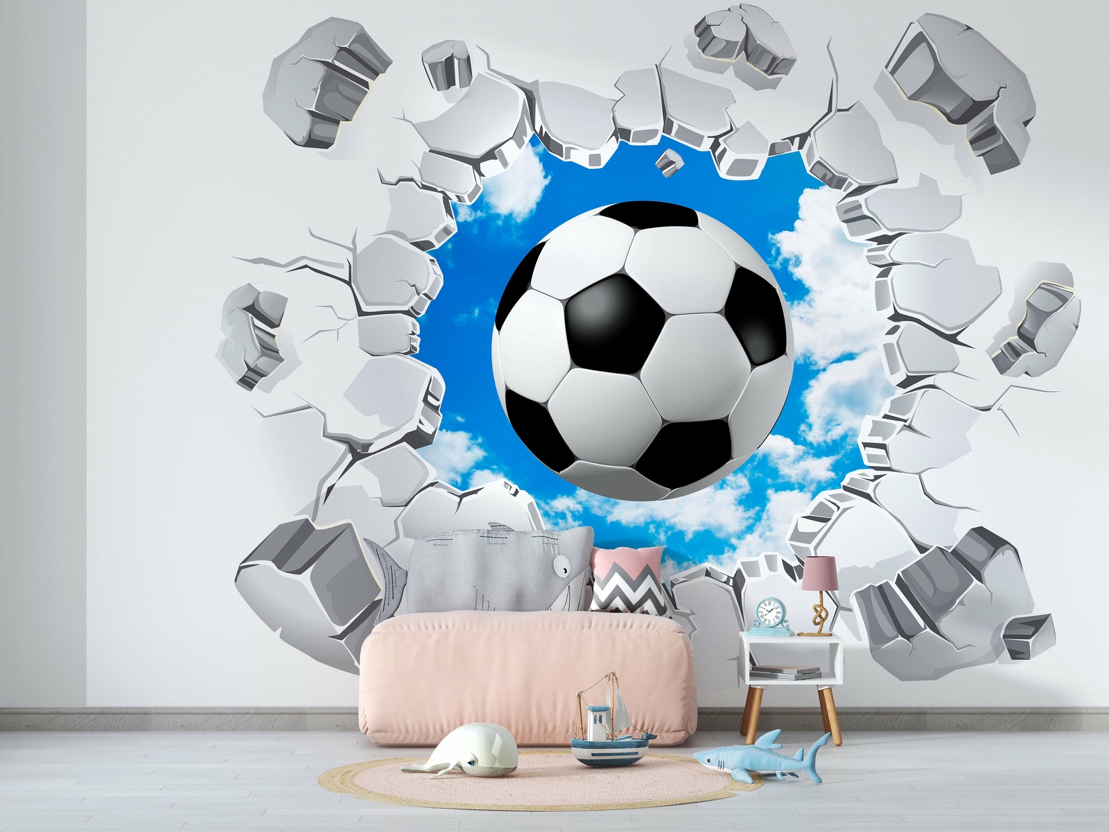 Soccer Ball Through A Brick Wall Wallpaper – Large Wall Mural – Self-adhesive