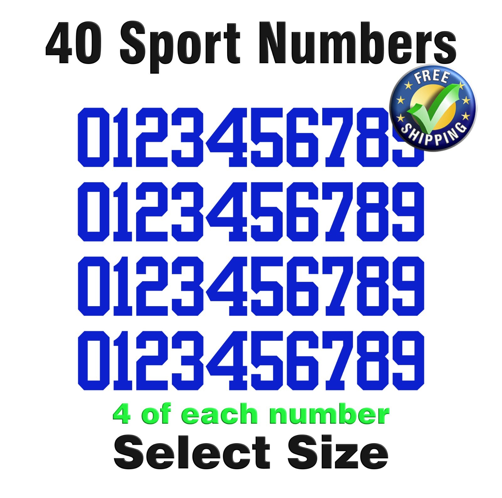 0-9 Numbers Vinyl Sticker Decal Sheet 40 ea Sport Font – COLOR BLUE- YRBF