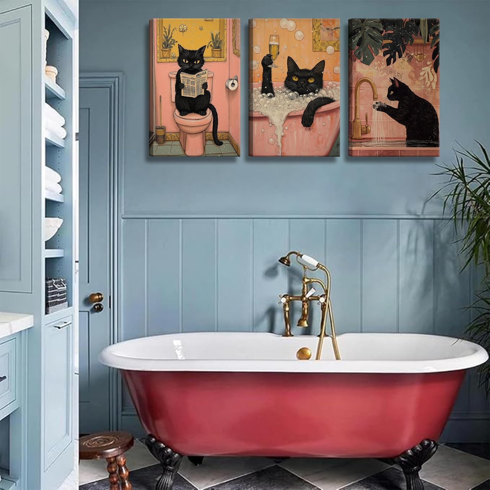 OCRXLYTH 3Pcs Black Cat Bathroom Canvas Wall Art Funny Commode Cat Wall Decor…