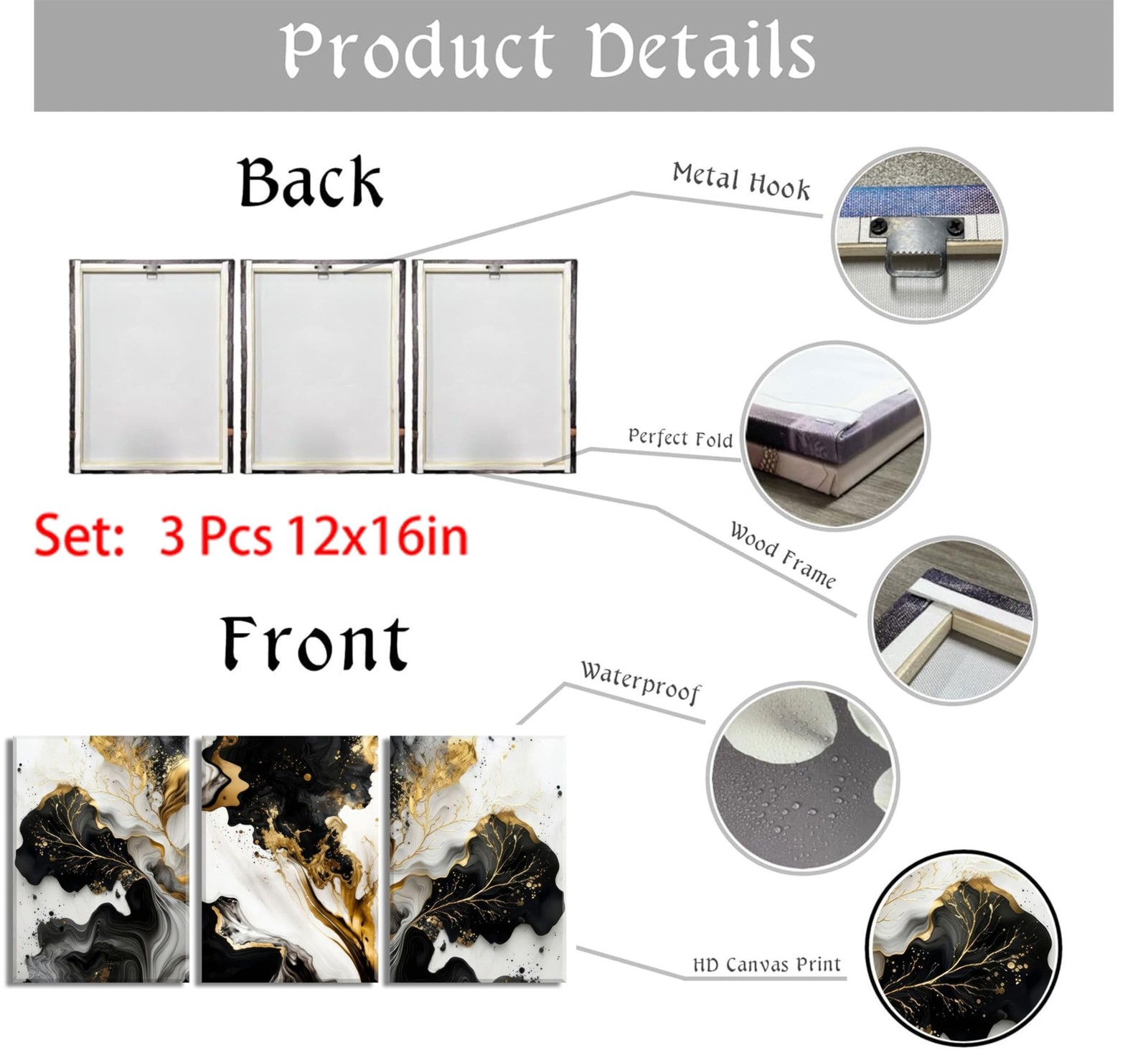 3Pcs Abstract Marble Canvas Wall Art Picture Black White Gold Texture Poster …