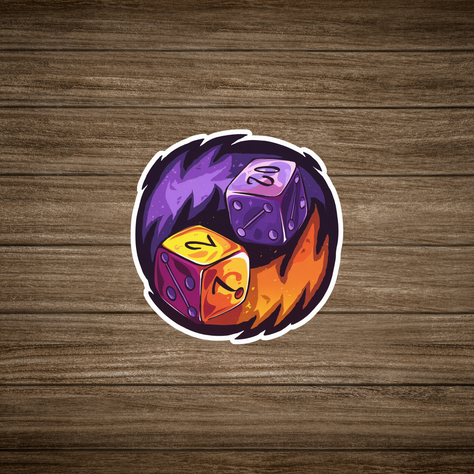 Flaming Dice Yin Yang Sticker – D&D Inspired Purple Orange Illustrated Design #1