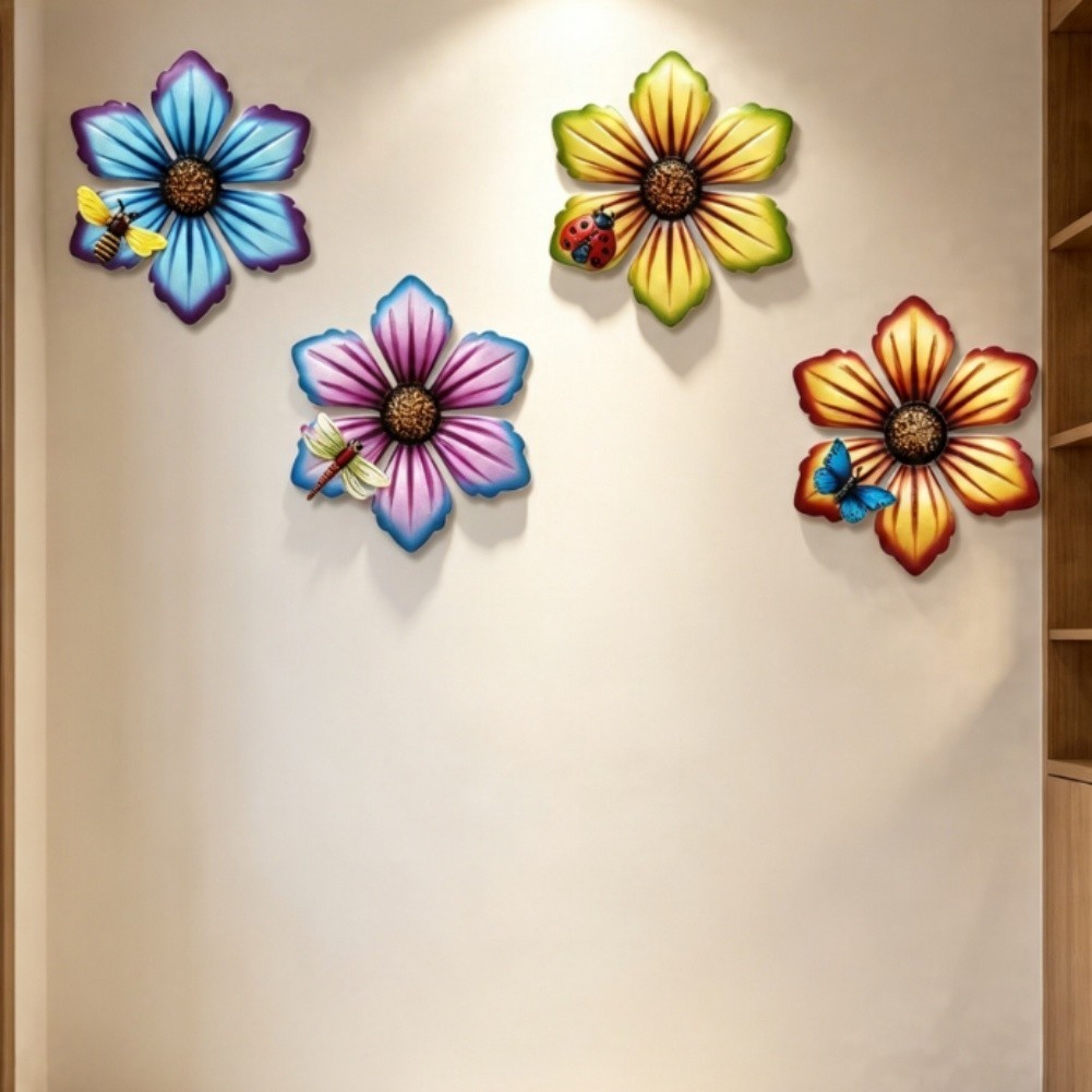 Outdoor Metal Flower Wall Decor Set of 4 for Yard Patio Porch Indoor Space
