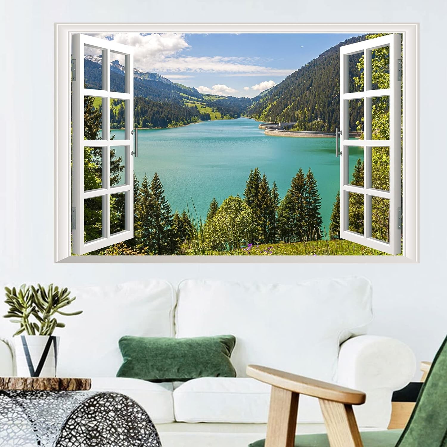 3D Lake View Fake Window Wall Stickers, Nature Mountain Forest Lake Mural, Wall