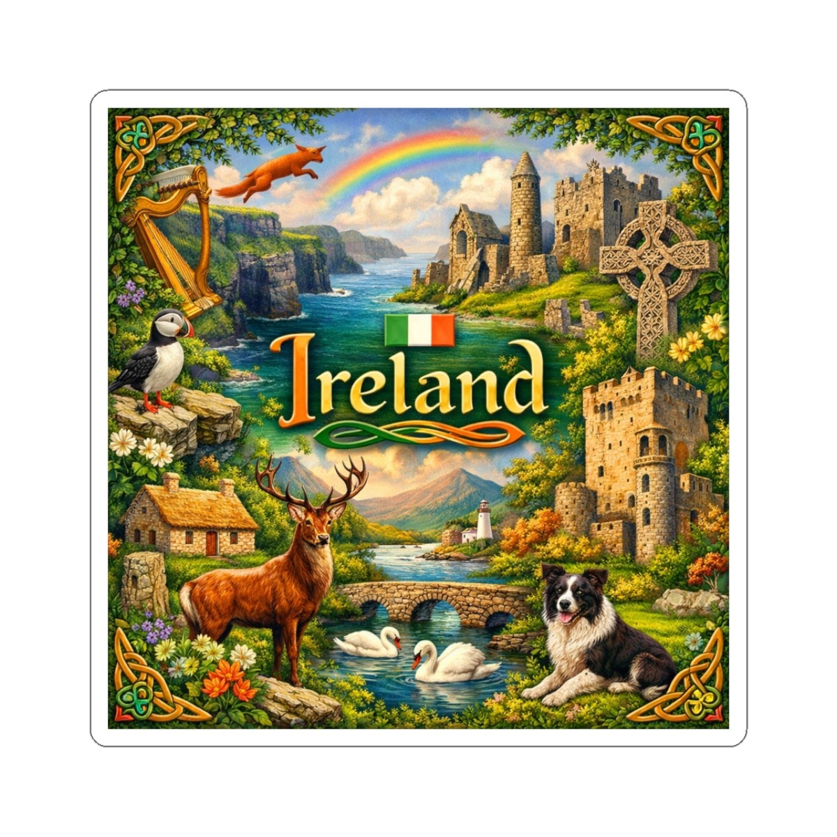 Ireland Sticker | Irish landscape, castle, Celtic knot, animals