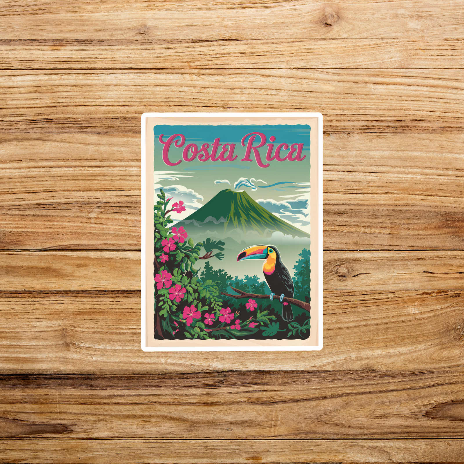 Vintage Costa Rica Travel sticker – Colorful Tropical Toucan & Volcano Art Print