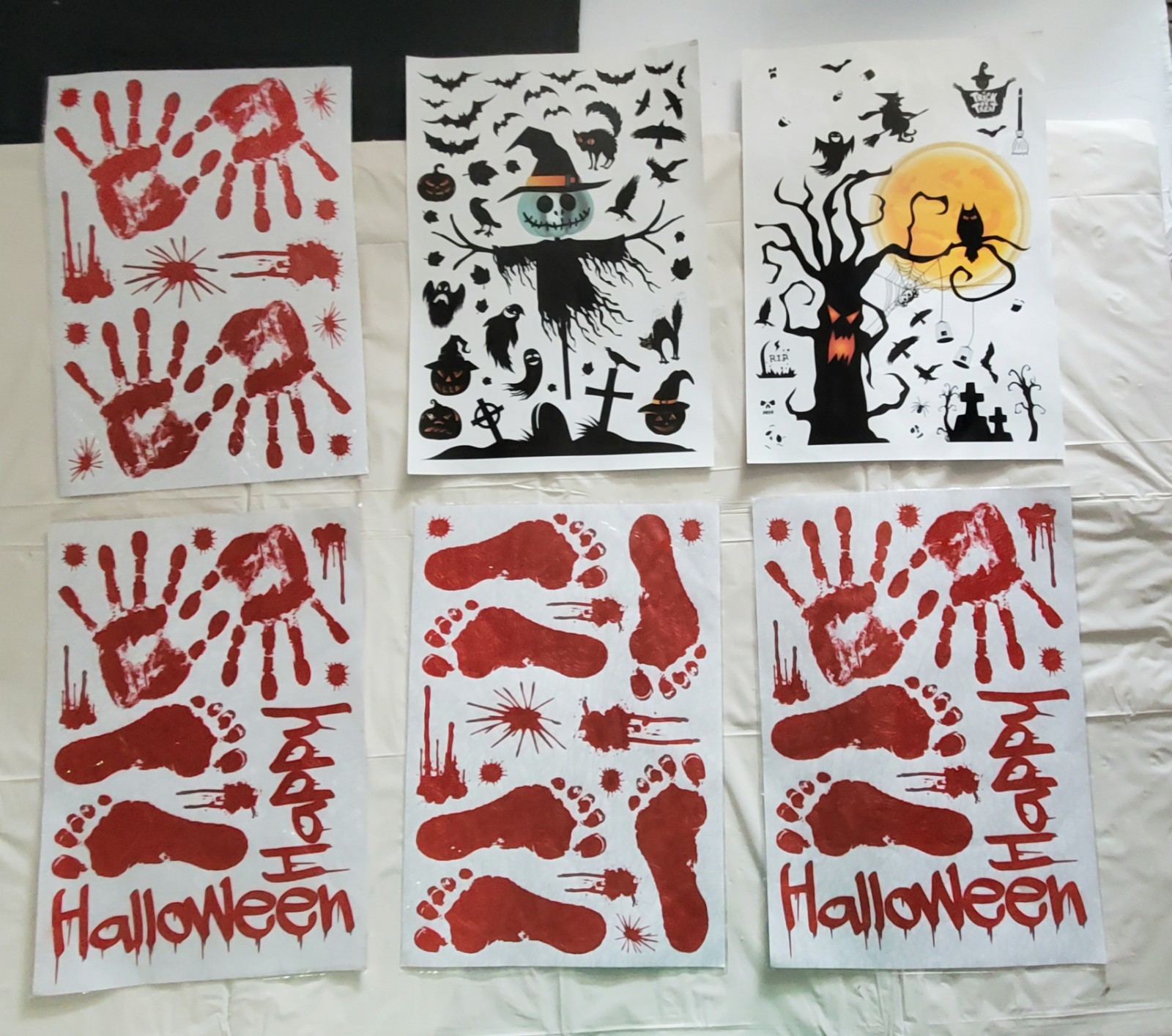 6 Sheets Halloween Decoration Stickers Handprint Footprint Cat Ghost Spider