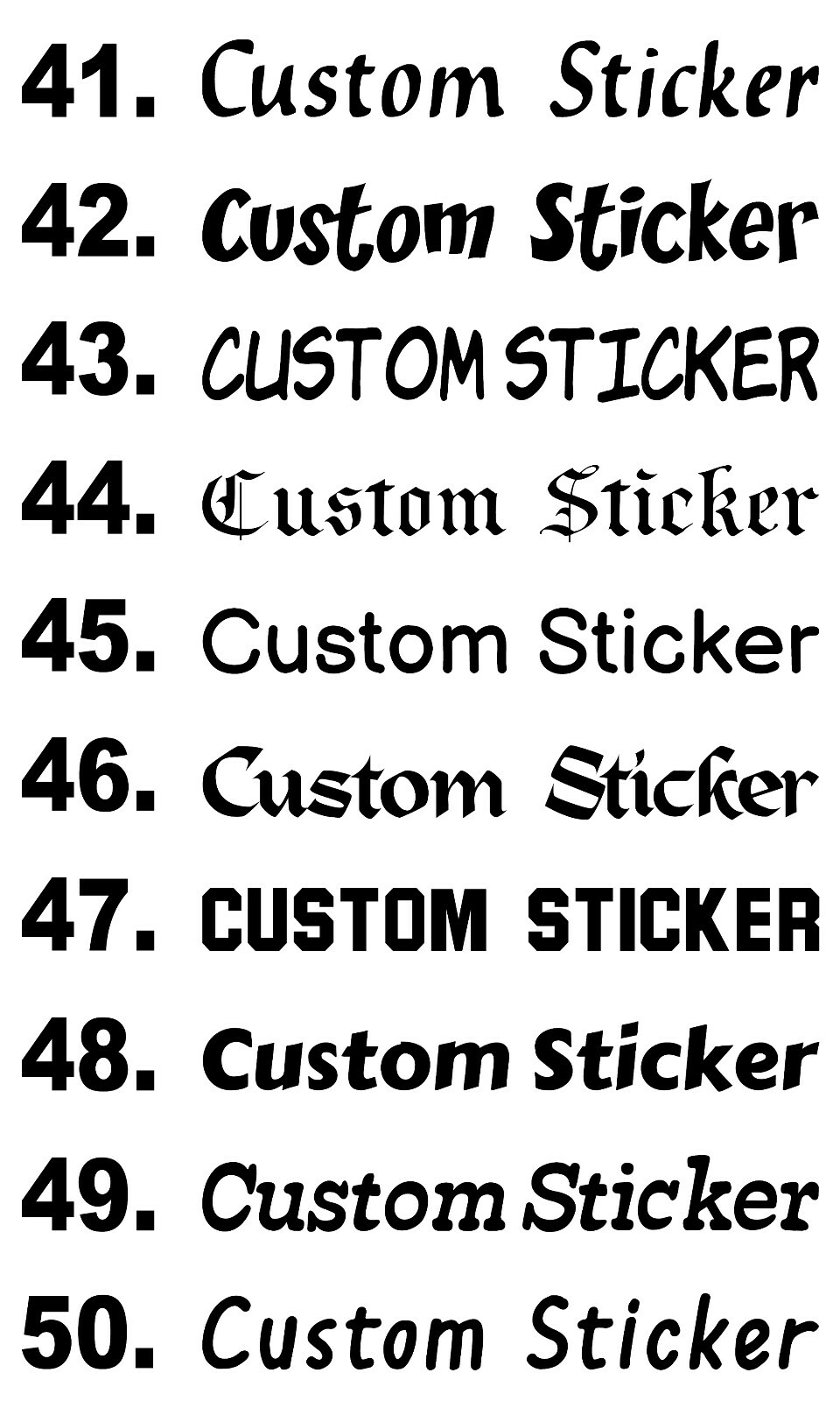 Chrome Colours Custom Text Font Wording Personalised Stickers Decals fonts 41-50