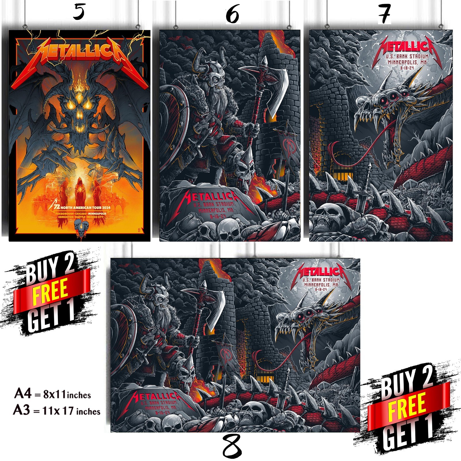 METALLICA M72 North Tour 2024 Poster Foxborough Chicago Minneapolis Seattle 🎸🤘