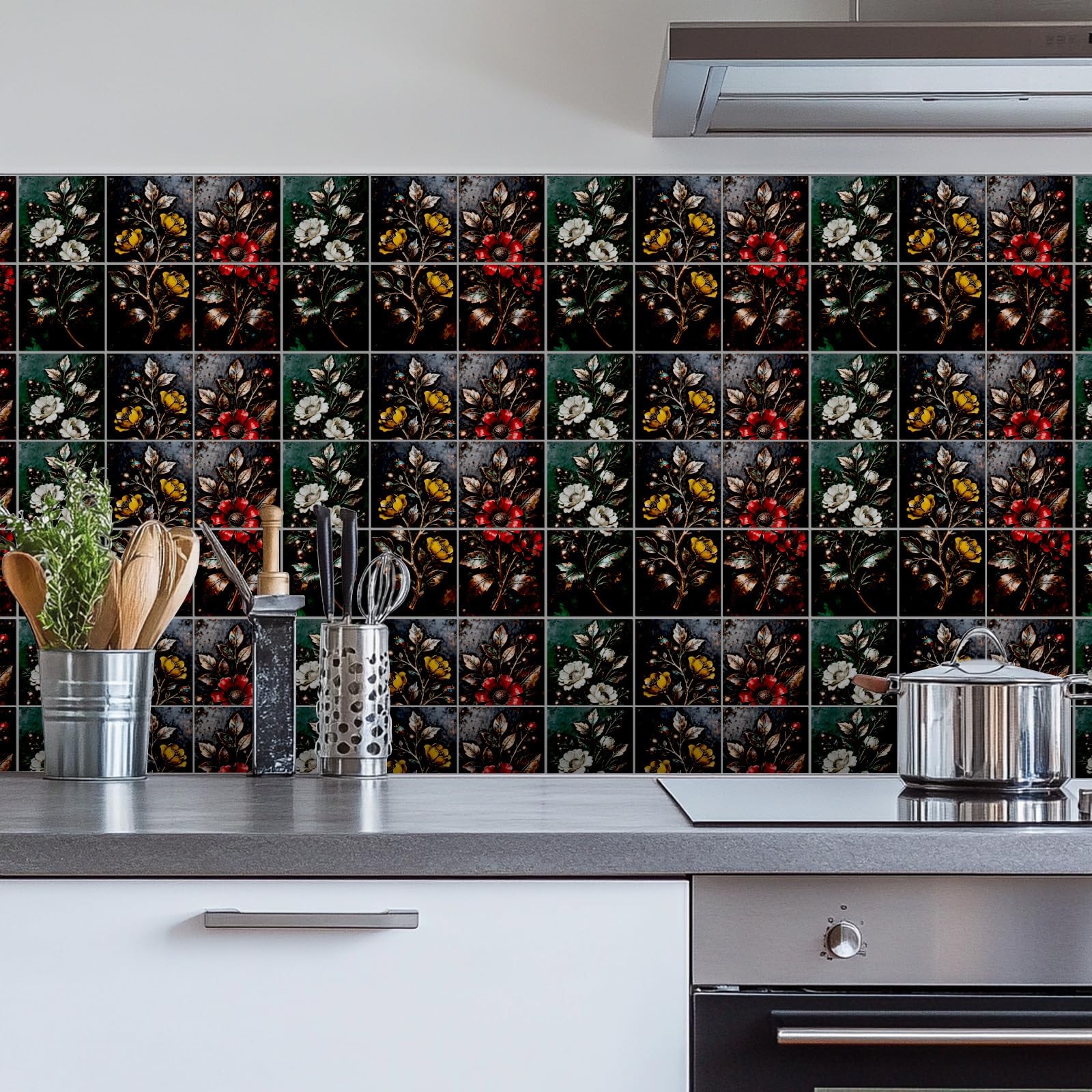 36 Pcs 6 Style Flowers Peel and Stick Wall Tile Stickers Colorful Metal Flowe…
