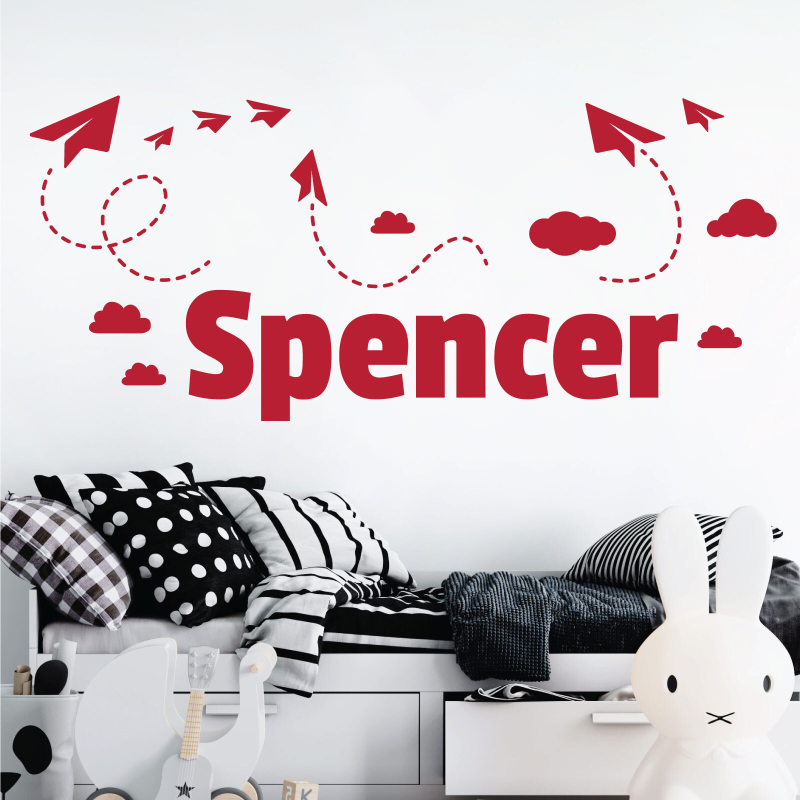 Personalised Name Children Wall Art Sticker – Sky, Paper Planes and Clouds
