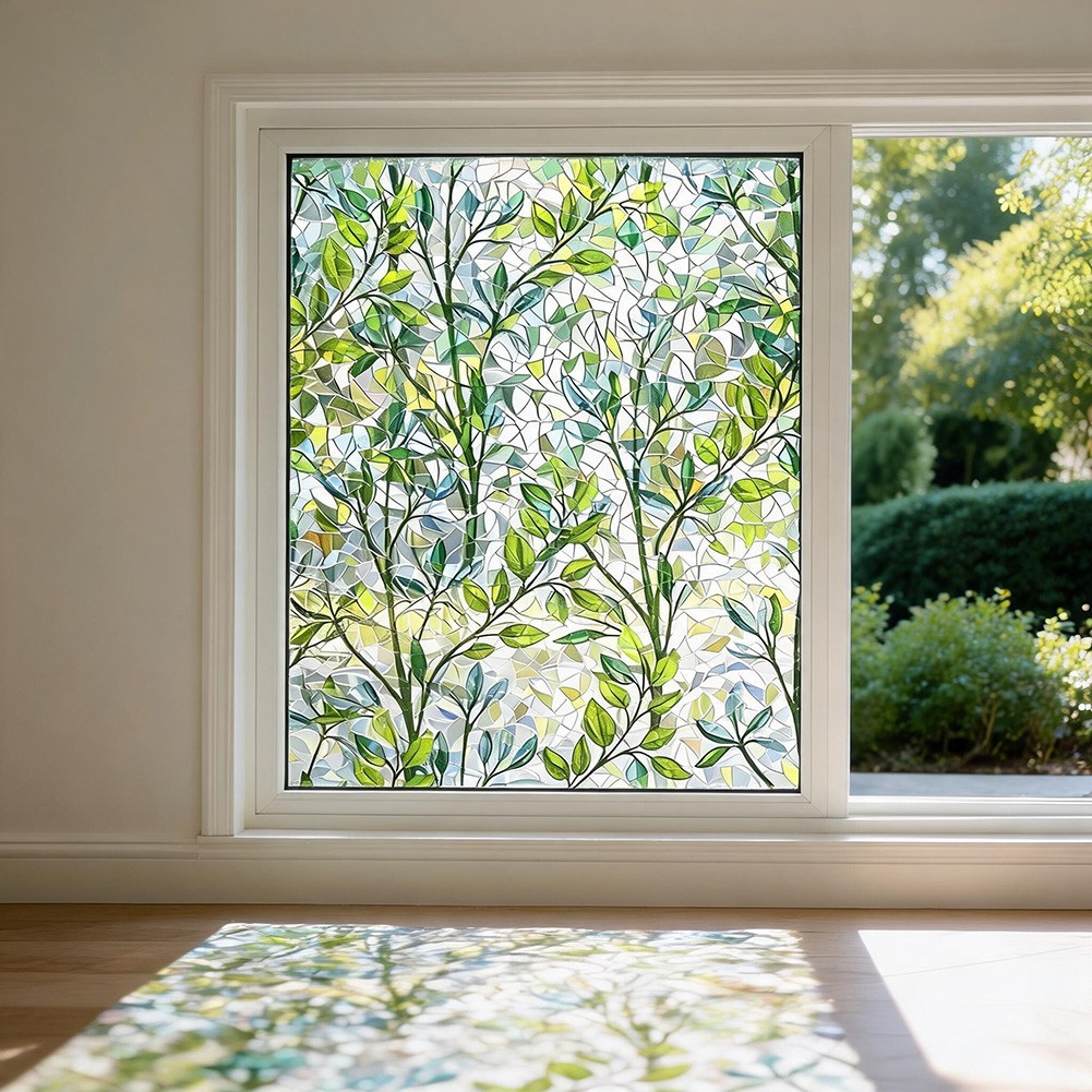 Green Leaf Themed Window Film PVC Material 45cm Size for Residential Use