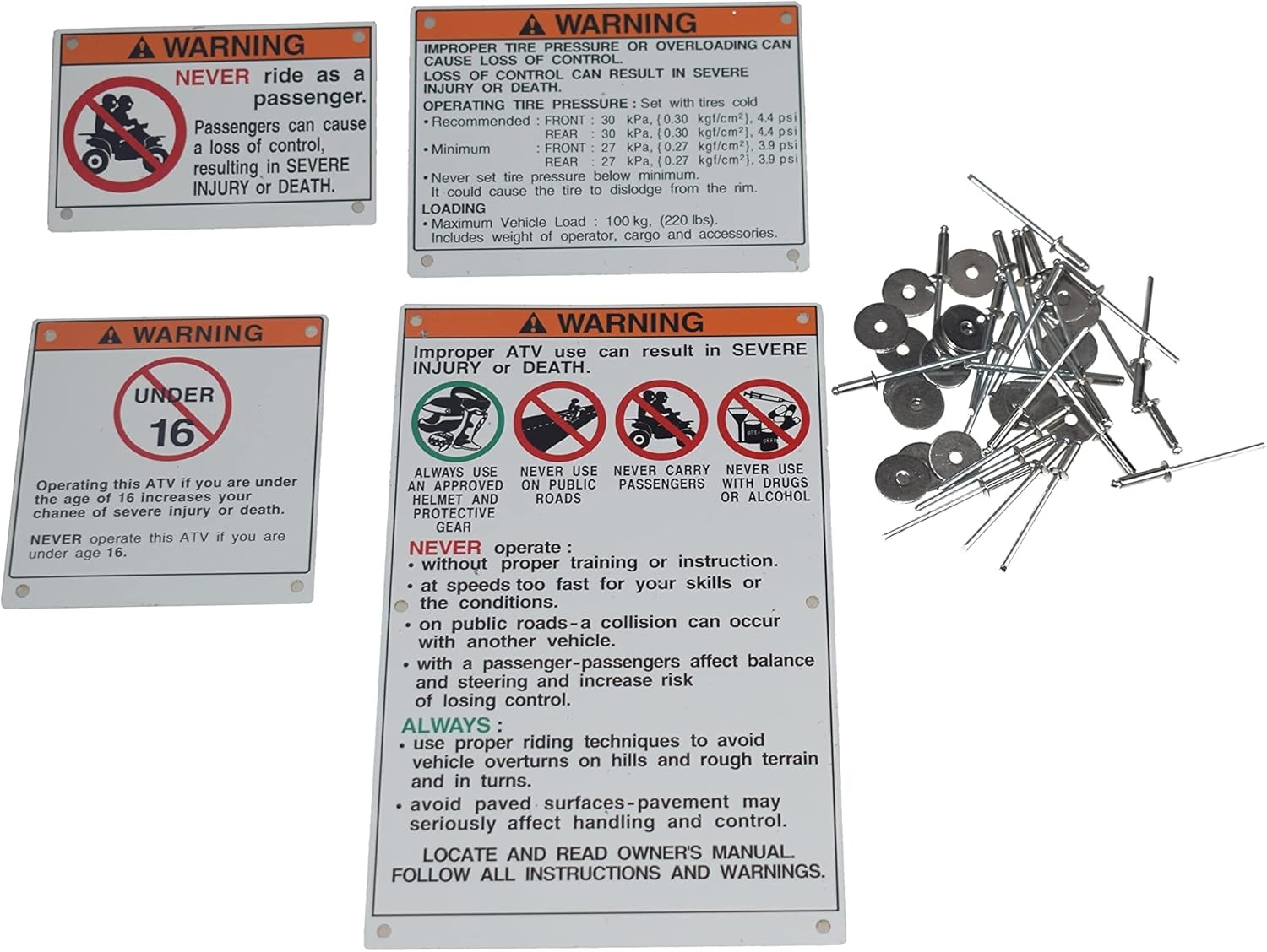 Warning Decals Compatible with ATV Models