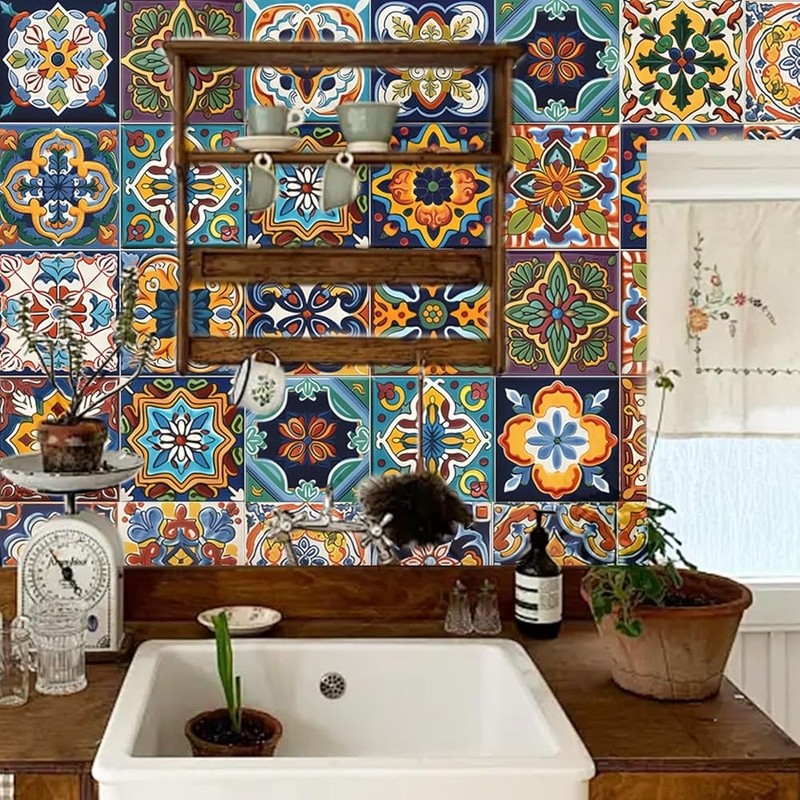 Moroccan Bohemian Tile Stickers 48 Pack Peel & Stick Wall Decals Home Decor New