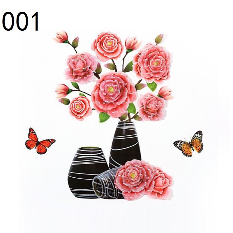3D Sticker Flower Butterfly Vase PVC Self Adhesive Mural Wall Furniture Decal