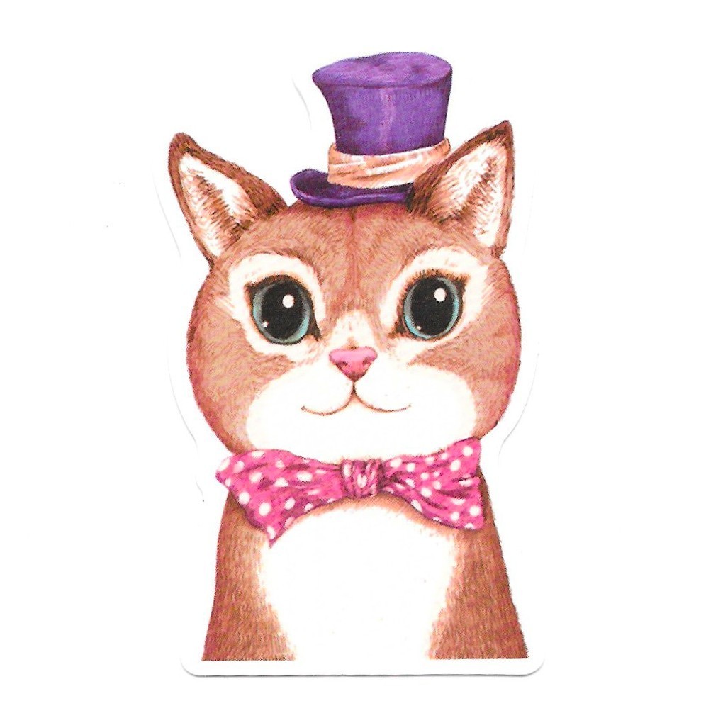 Dapper Cat Vinyl Sticker Purple Top Hat Pink Polka Dot Bowtie Feline Art Decal