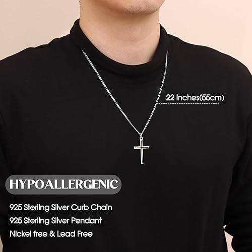 Solid 925 Sterling Silver Cross Necklace for Men Women, 2mm Durable Diamond-Cut