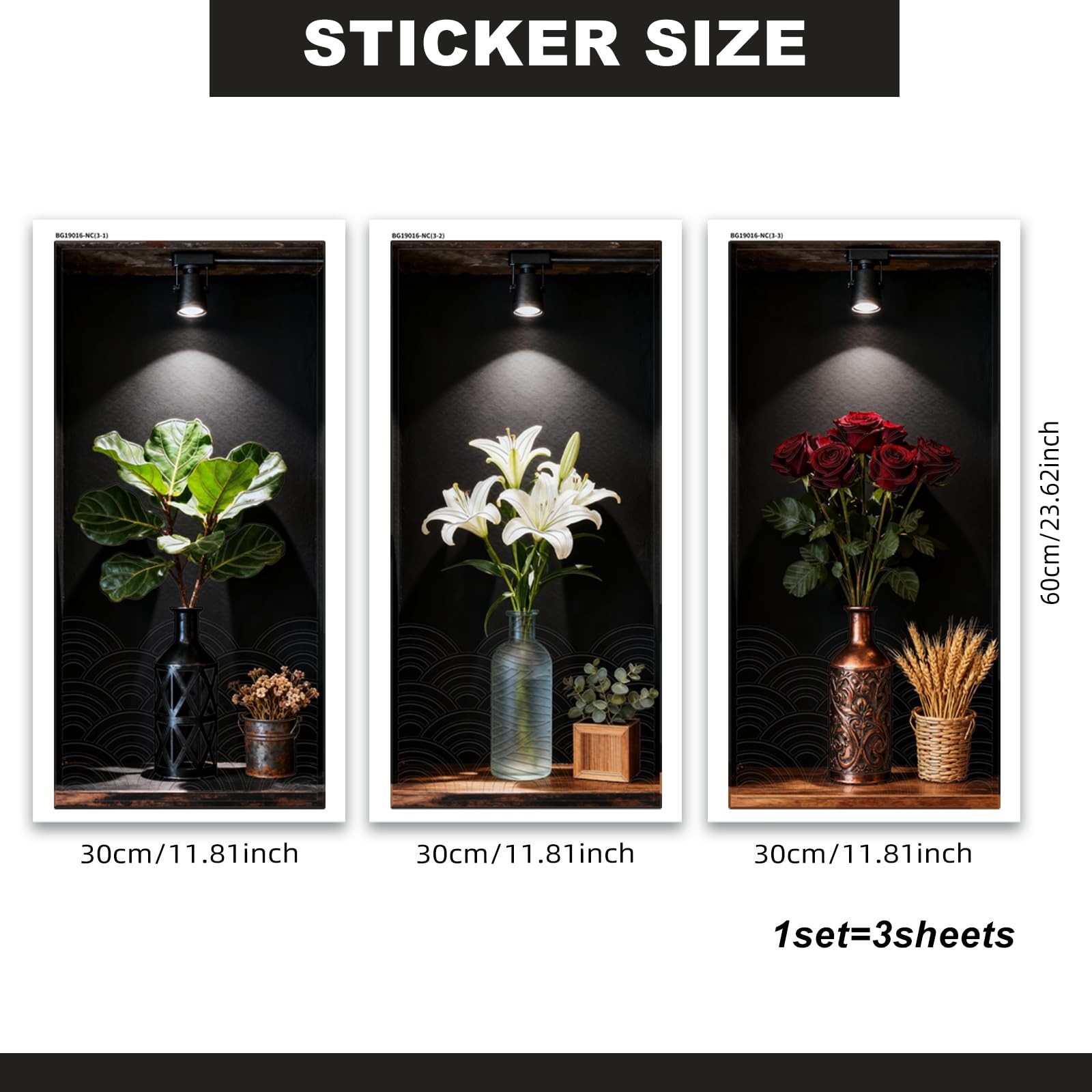 Dark Botanical Style Triptych Wall Stickers, 3 Sheets Floral Wall Decals with…