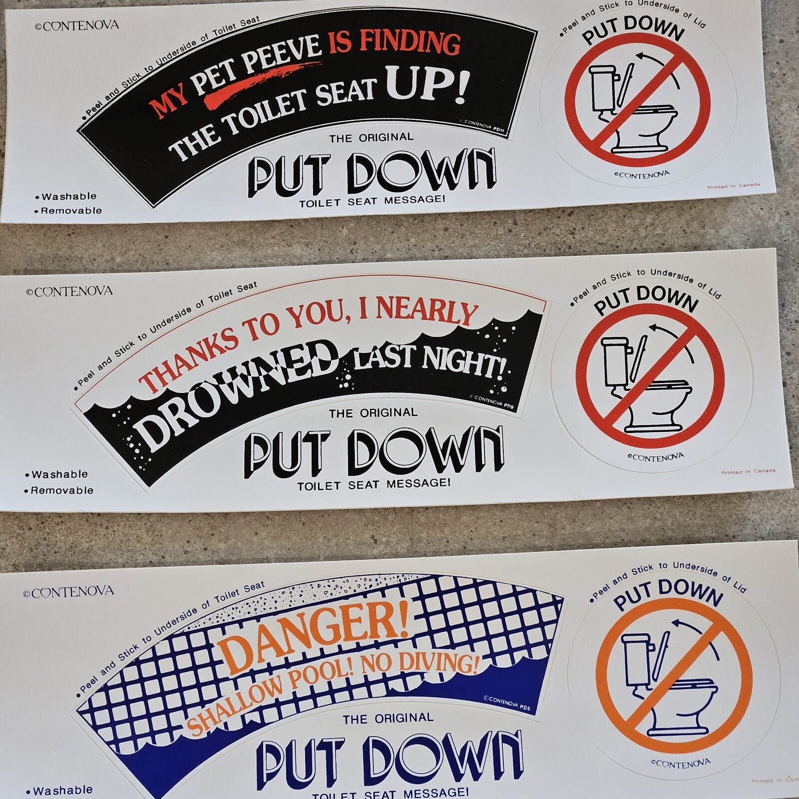 Lot of 11 Contenova The Original Toilet Seat Message Sticker Bathroom Humor