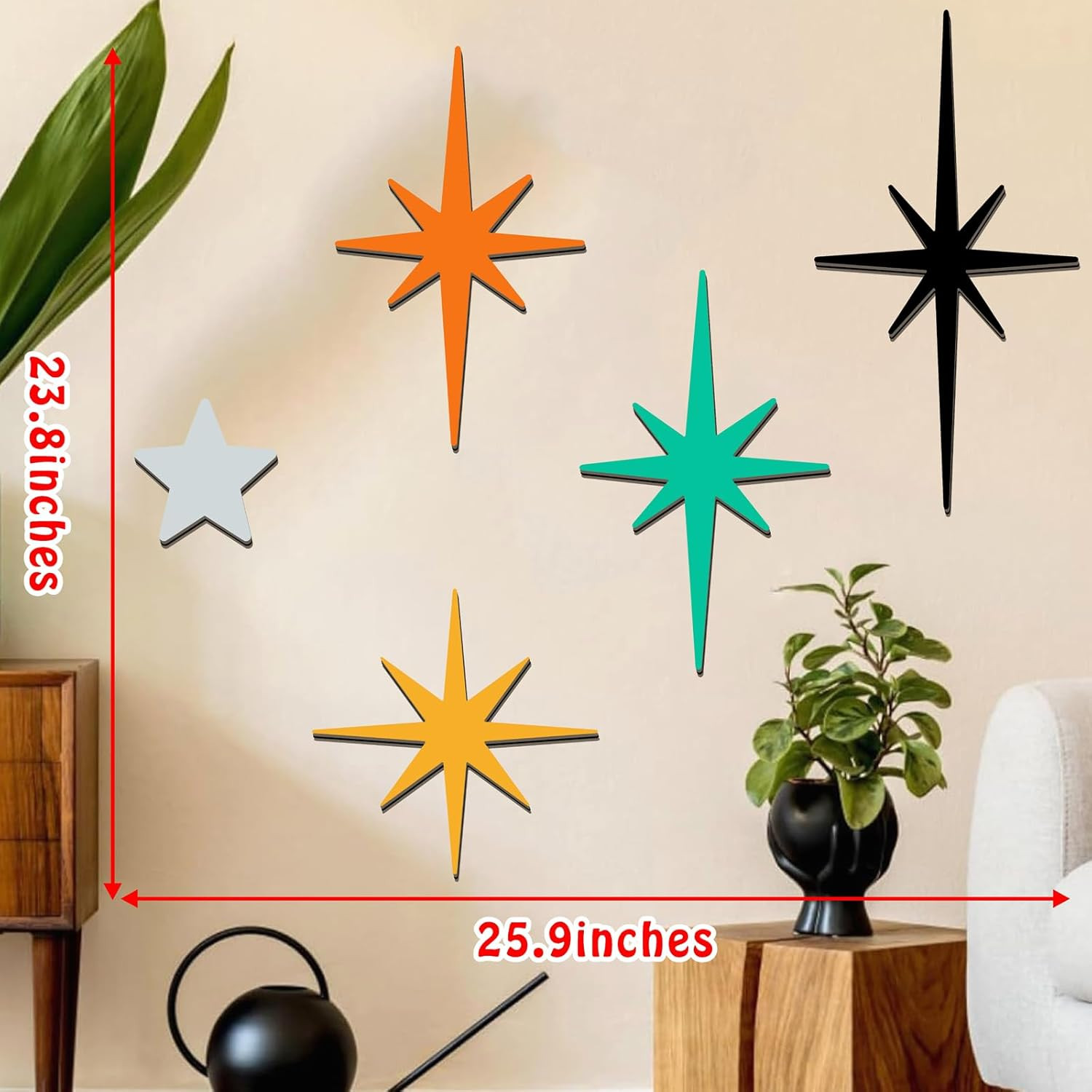 5 Pcs Wooden Atomic Stars Wall Decals Mid Century Wall Decor Modern Star Wall Ar