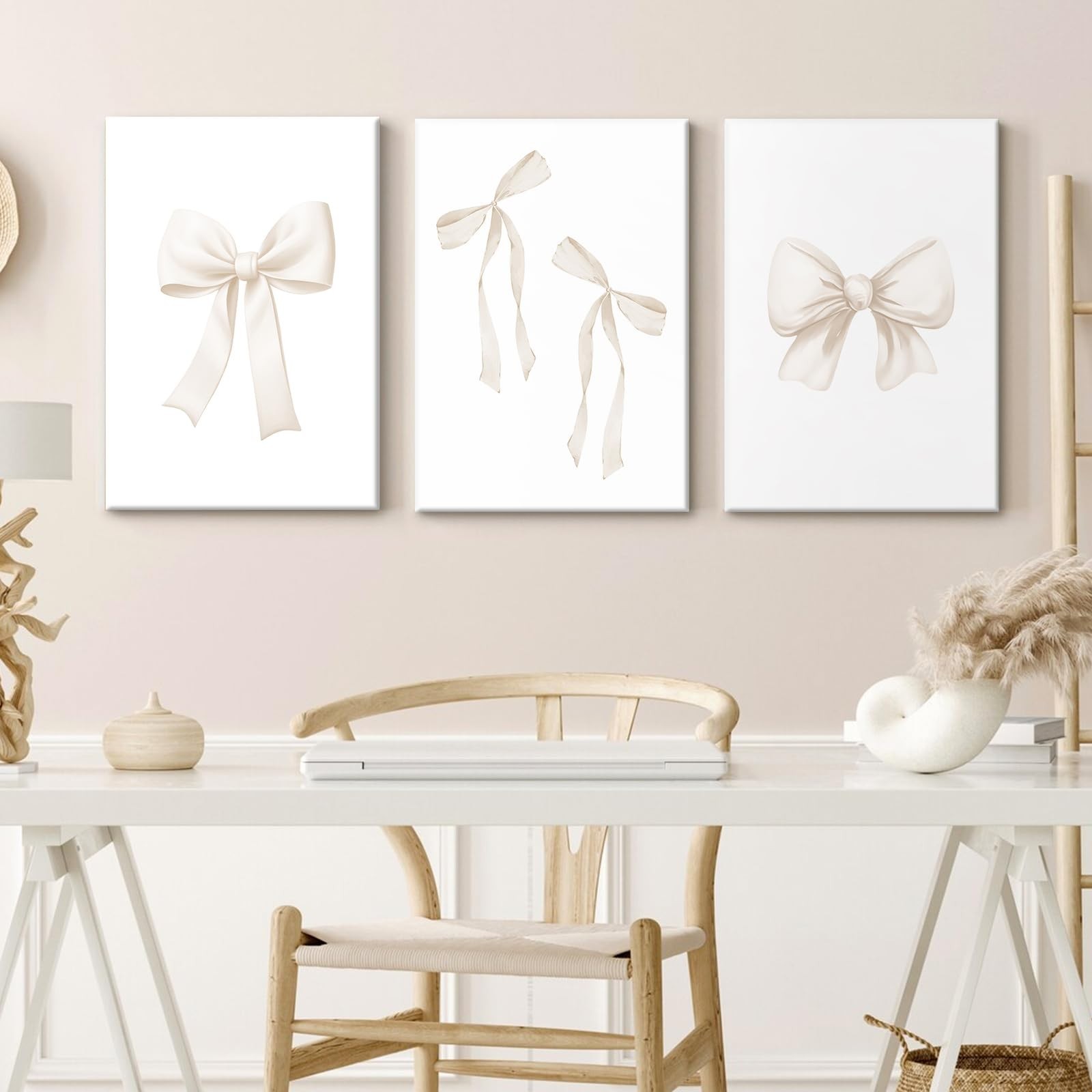 Beige Bow Canvas Wall Art,Coquette Preppy Bow Aesthetic Paintings Pictures Wa…