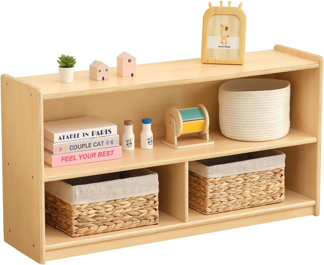 2-Shelf Montessori Shelf Toy Organizers and Storage for Kids, 3-Section Wooden