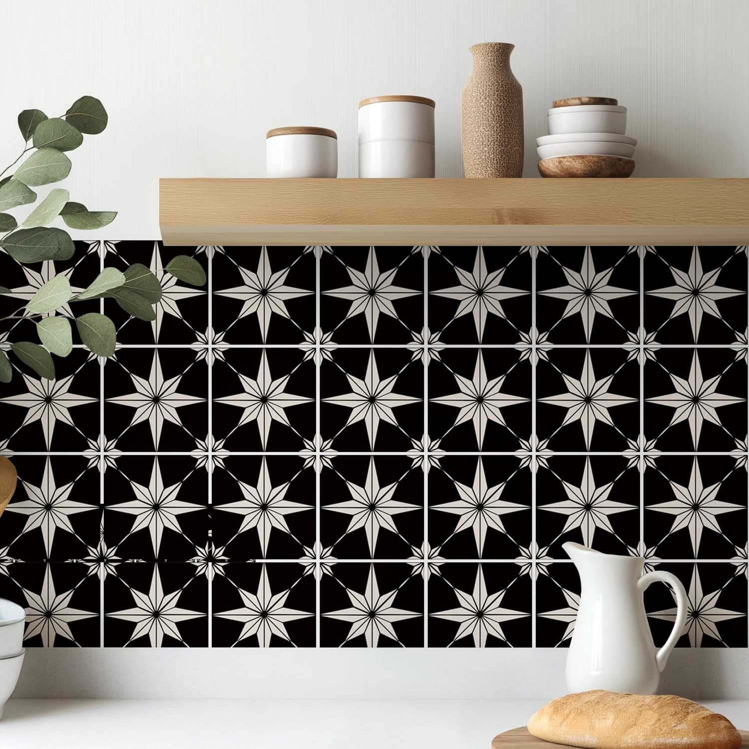 16 Pack, 5.9×5.9 Inch Star Compass Peel & Stick Tile Stickers Black-White Wat…