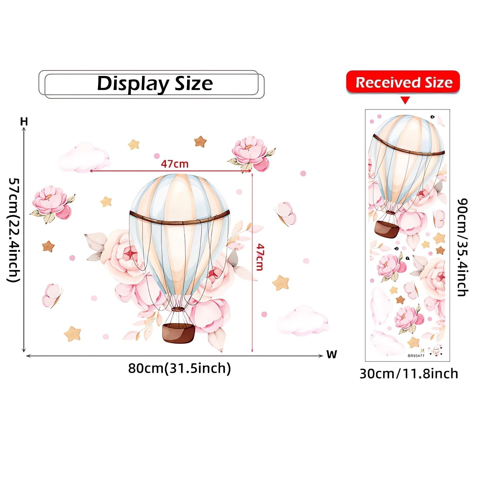 Pink Peony Rose Hot Air Balloon Star Flower Wall Stickers, sacinora Cartoon D…