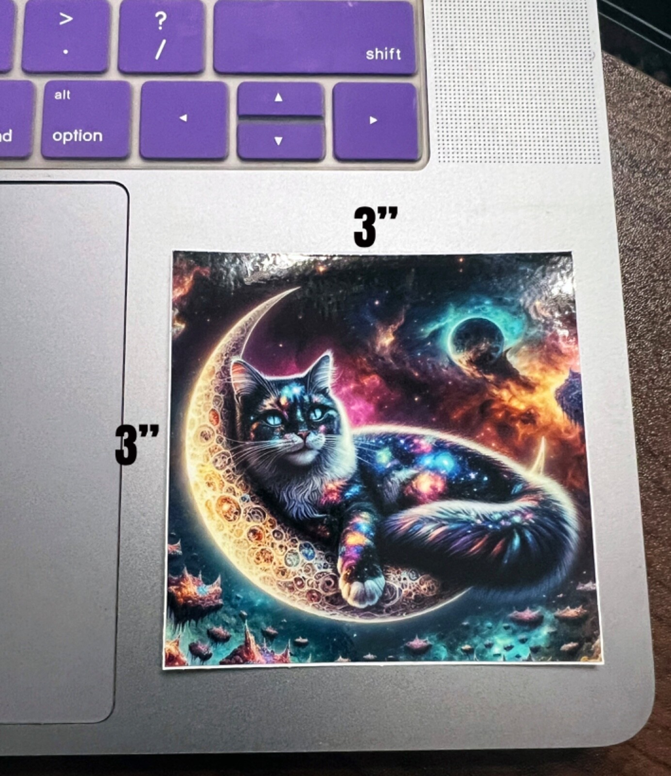 Galaxy Cat on Crescent Moon | 3×3" Waterproof Vinyl Decal – Free Shipping