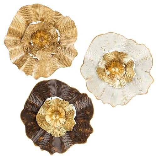 Elegant 12” Gold Metal Flower Wall Art – Abstract 3-Piece Set for Home