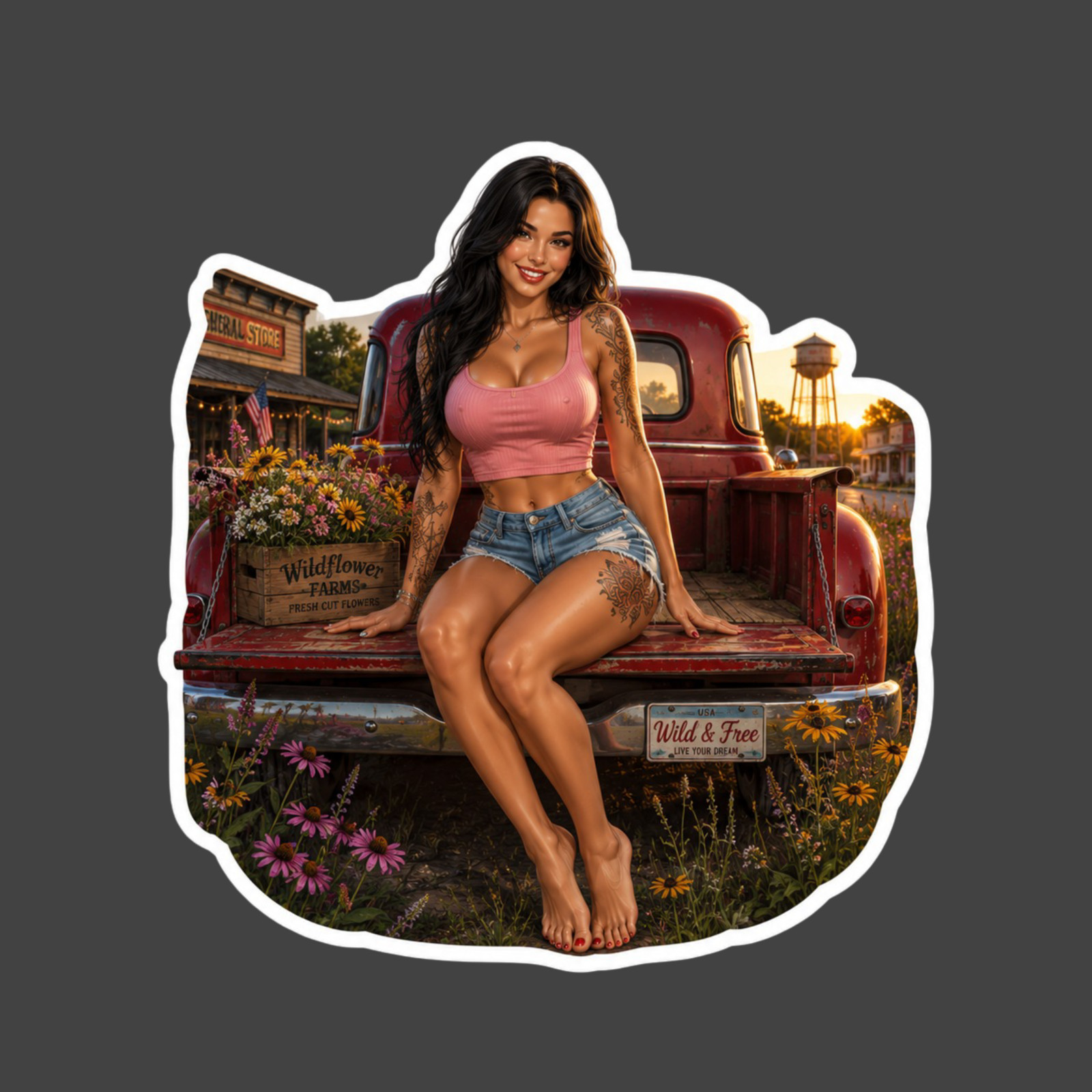 Pinup Girl Sticker Vinyl Decal Vintage Truck Wildflower Farm Country Babe