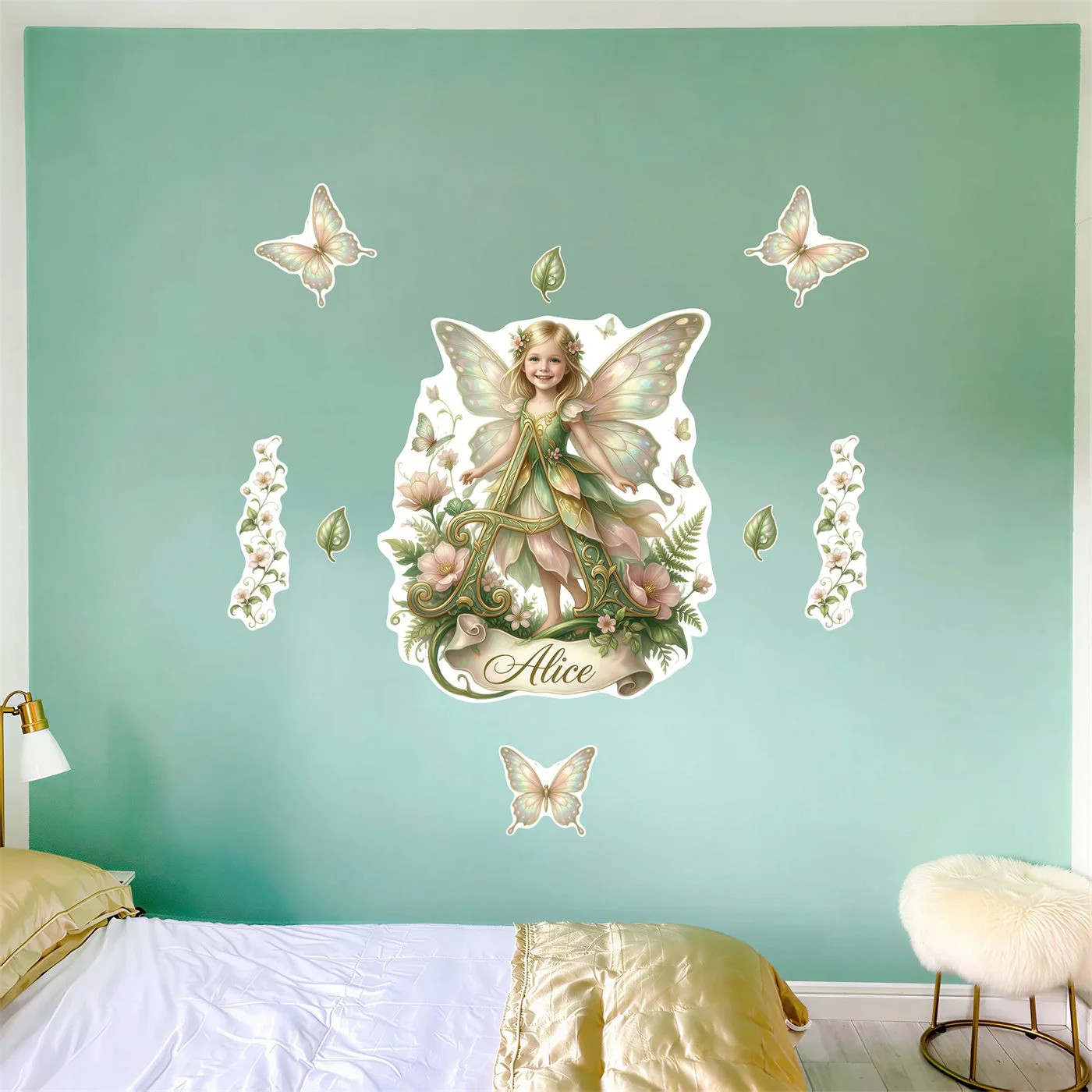 Personalized Fairy Wall Decal Set Custom Girl Photo Name 10 Pc Butterfly Garden