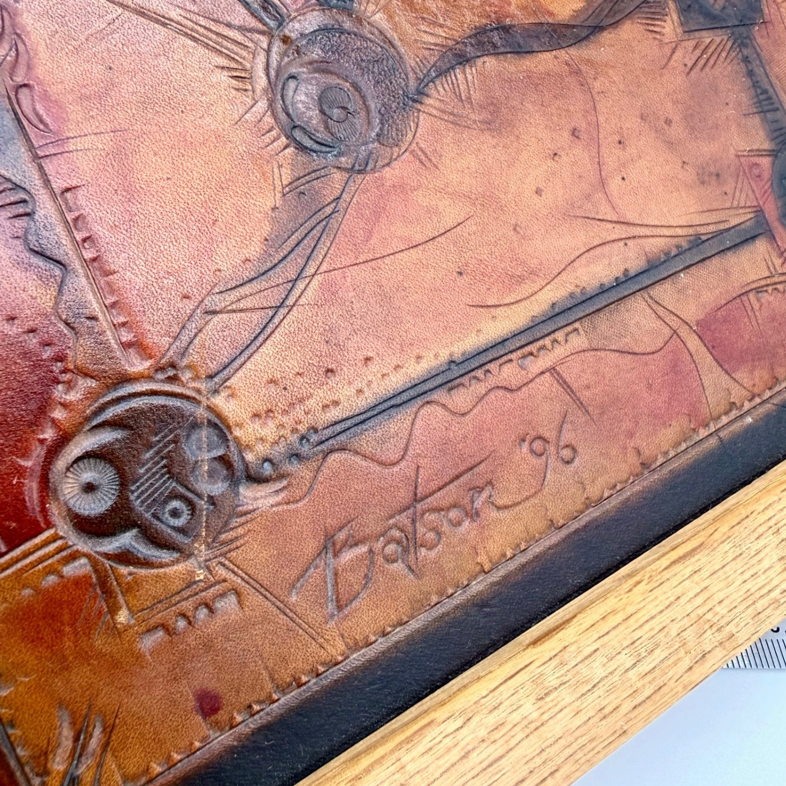 Vintage Tooled Leather Abstract Geometric Brutalist Wall Art Signed 96