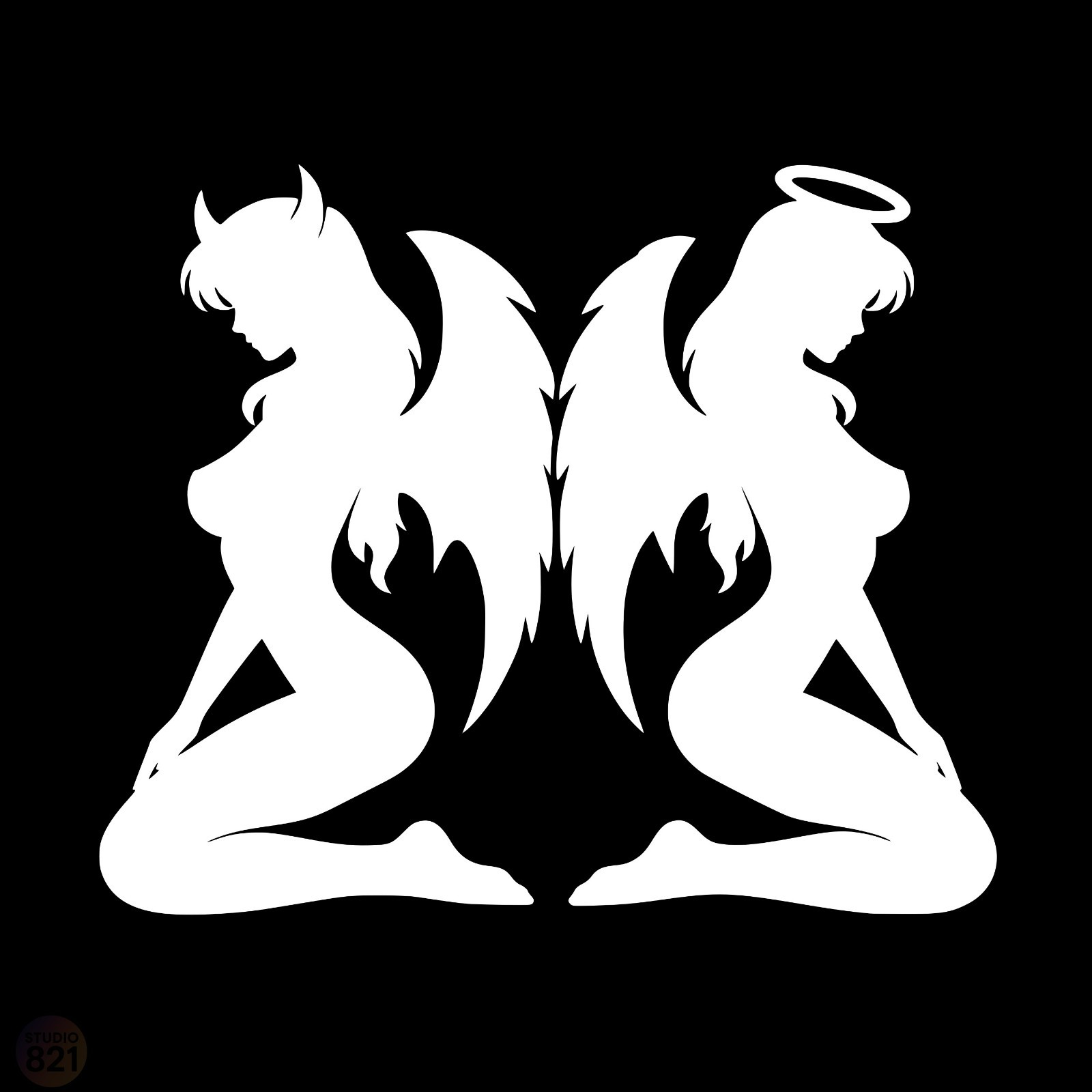 Angel and Devil Kneeling Silhouette | Good vs Evil Vinyl Decal | Car Window
