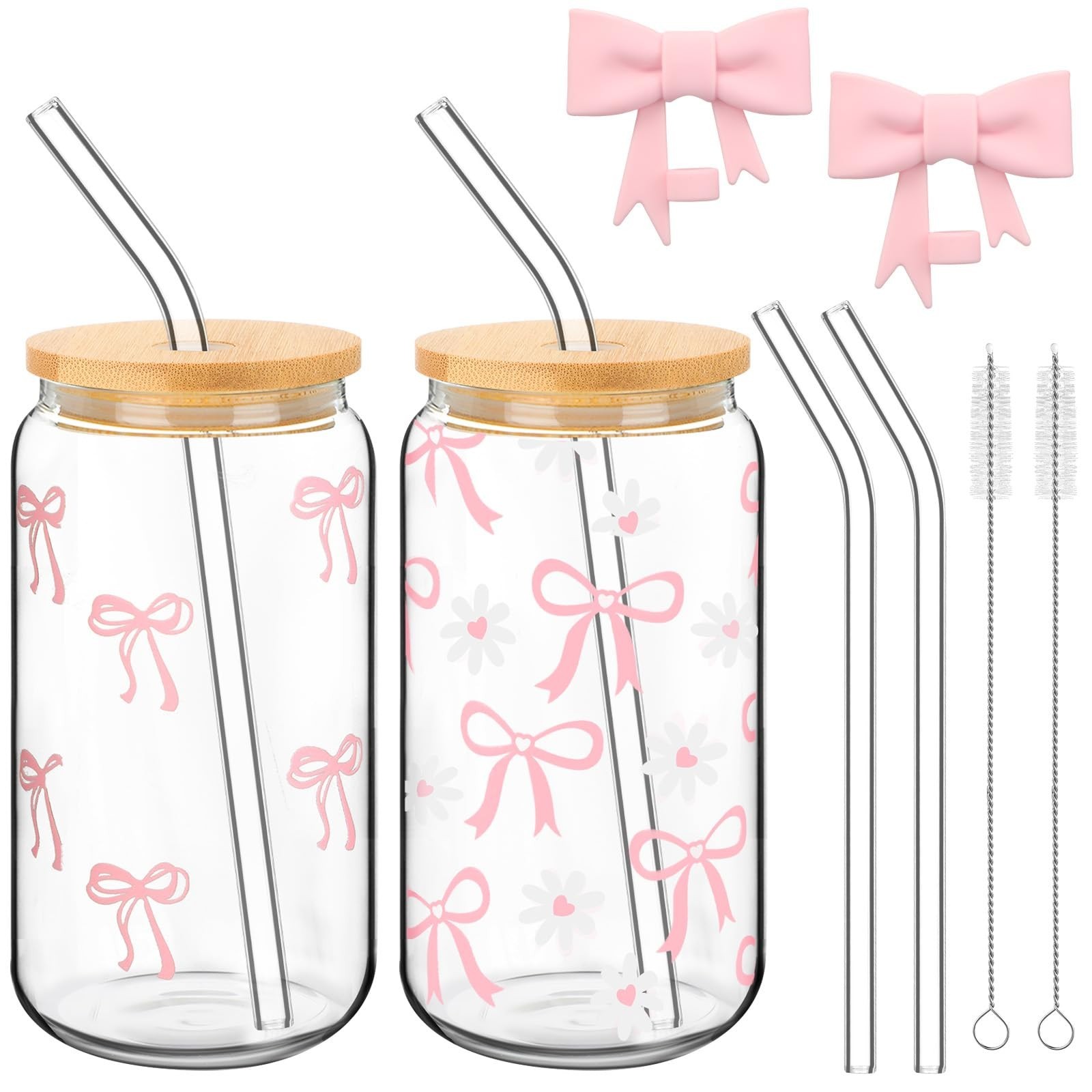 Skylety Set of 2 Coquette Bow Glass Cup 16oz Pink Glass Cup with Lids and Str…